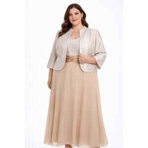 R&M Richards 2000s Champagne Formal Dress & Brocade Jacket 22W